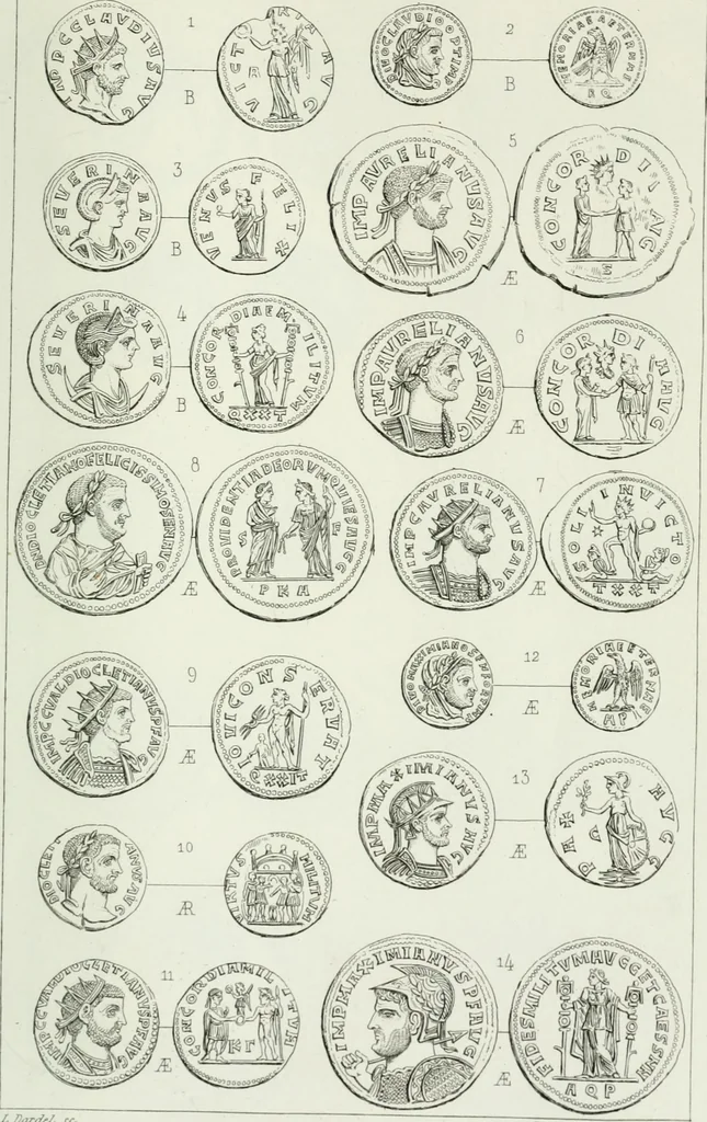 An illustration from Histoire de la monnaie romaine. Traduite de l'allemand par le duc de Blacas, 1865, leaf 252
