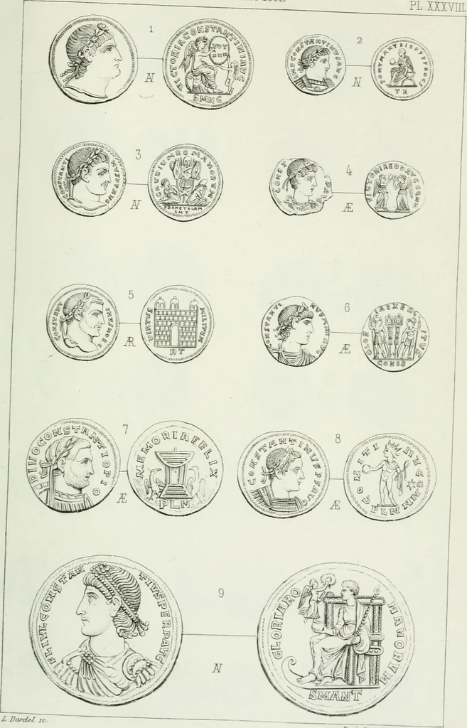 An illustration from Histoire de la monnaie romaine. Traduite de l'allemand par le duc de Blacas, 1865, leaf 254