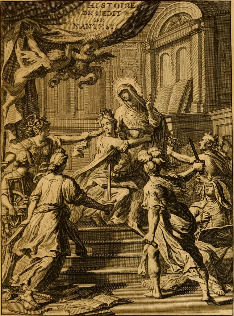 An illustration from Histoire de l'Edit de Nantes; contenant les choses les plus remarquables qui se sont passées en France avant & après sa publication, à l'occasion de la diversité des religions ... jusques à l'edit de revocation en octobre 1685. Avec ce qui a suivi ce nouvel edit jusques à present, 1693, leaf 6