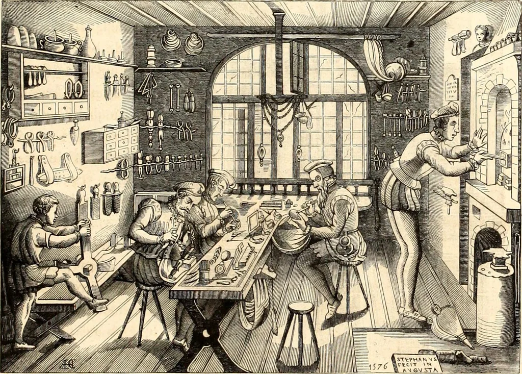 An illustration from Histoire de l'orfévrerie-joaillerie et des anciennes communautés et confréries d'orfévres-joailliers de la France et de la Belgique, 1850, leaf 144