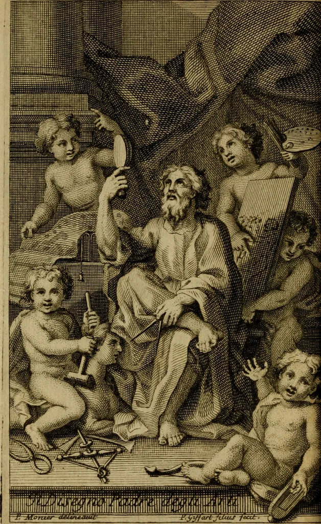 An illustration from Histoire des arts qui ont raport au dessein, divisée en trois livres, ou il est traité de son origine, de son progrés, de sa chute, & de son rétablissement. Ouvrage utile au public pour savoir ce qui s'est fait de plus considerable en tous les âges dans la peinture, la sculture, l'architecture & la gravure; & pour distinguer les bonnes manieres des mauvaises, 1698, leaf 1