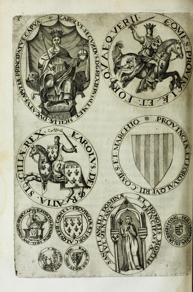 An illustration from Histoire des comtes de Prouence : enrichie de plusieurs de leurs portraits, de leurs sceaux, & des monnoyes de leur temps, qui n'auoient pas encore veu le iour, 1655, leaf 236