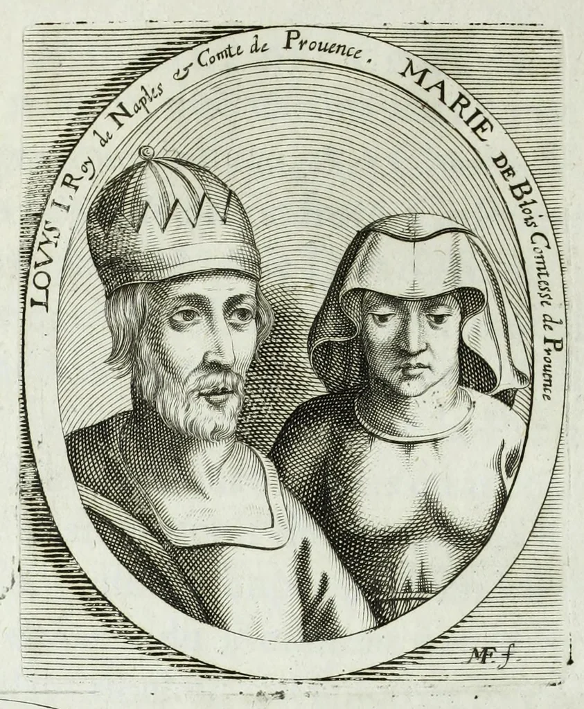 An illustration from Histoire des comtes de Prouence : enrichie de plusieurs de leurs portraits, de leurs sceaux, & des monnoyes de leur temps, qui n'auoient pas encore veu le iour, 1655, leaf 328
