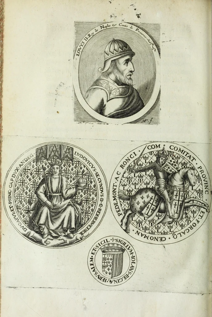 An illustration from Histoire des comtes de Prouence : enrichie de plusieurs de leurs portraits, de leurs sceaux, & des monnoyes de leur temps, qui n'auoient pas encore veu le iour, 1655, leaf 340