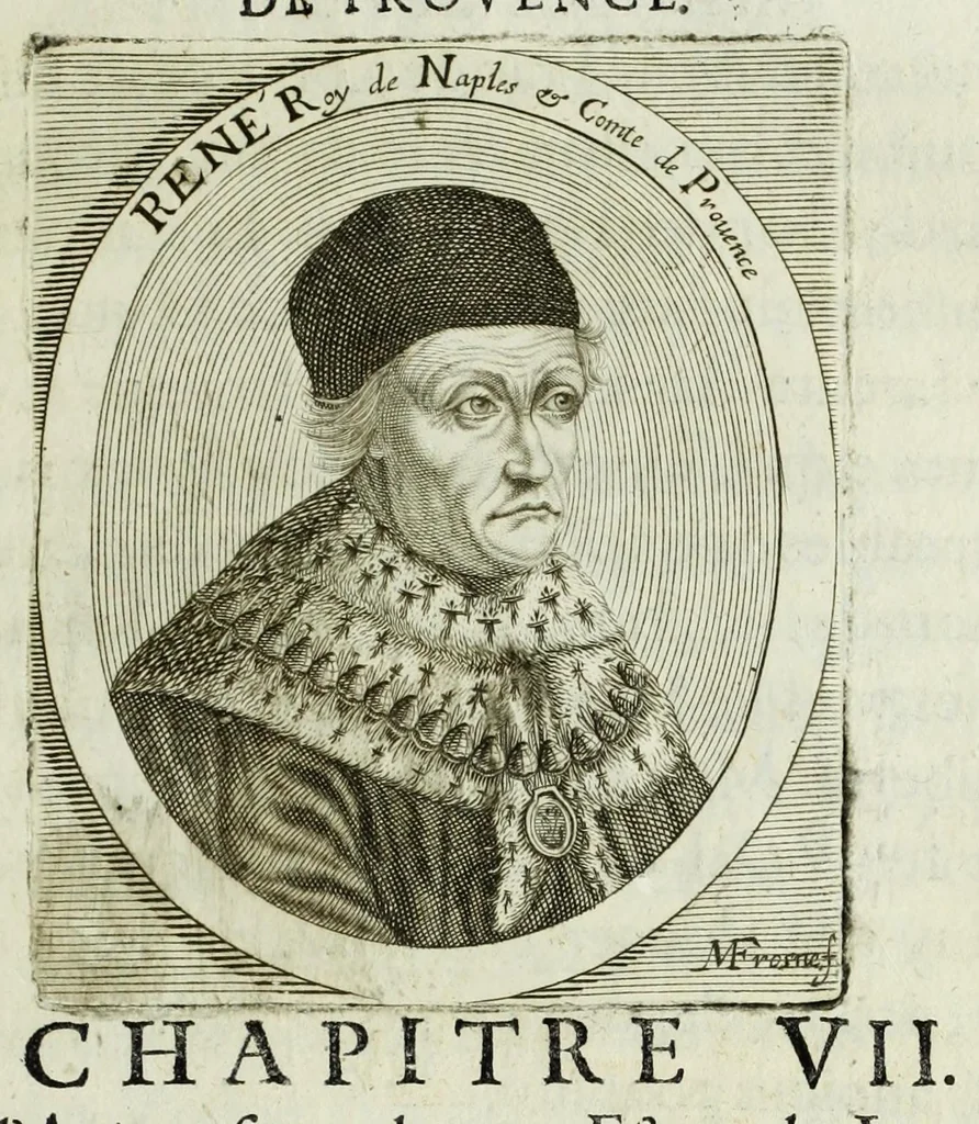 An illustration from Histoire des comtes de Prouence : enrichie de plusieurs de leurs portraits, de leurs sceaux, & des monnoyes de leur temps, qui n'auoient pas encore veu le iour, 1655, leaf 379