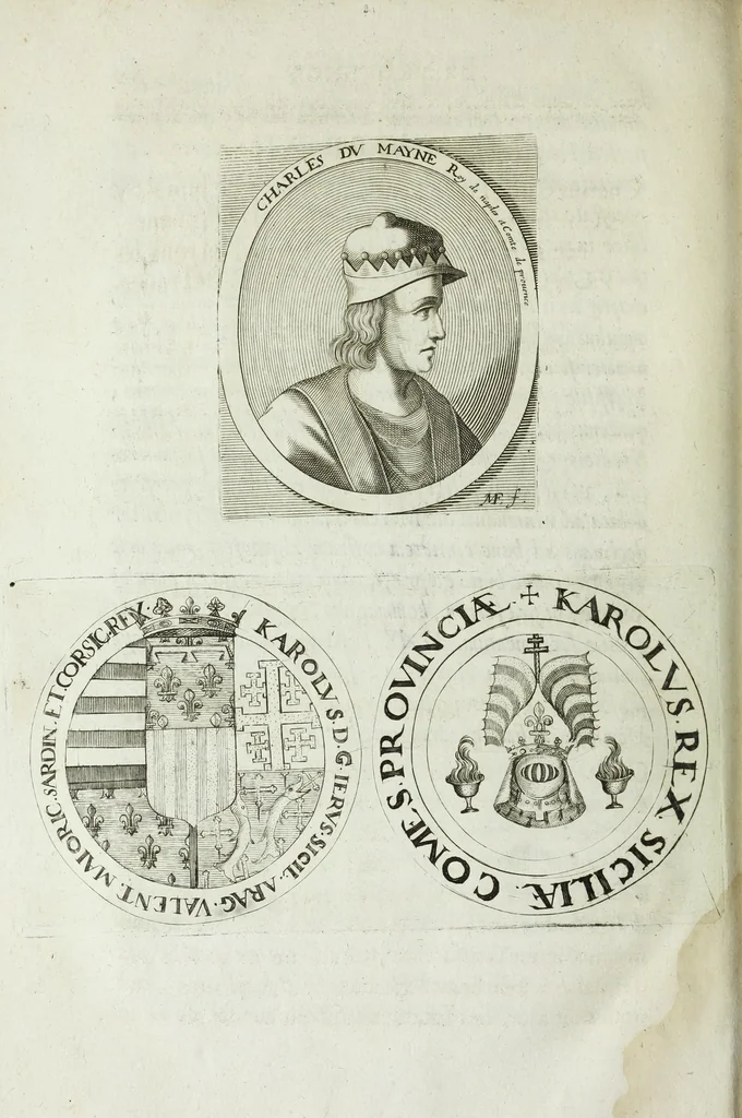 An illustration from Histoire des comtes de Prouence : enrichie de plusieurs de leurs portraits, de leurs sceaux, & des monnoyes de leur temps, qui n'auoient pas encore veu le iour, 1655, leaf 428
