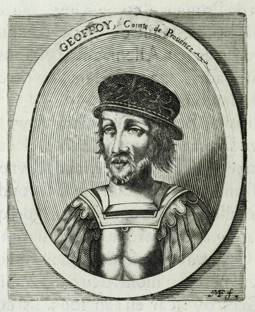 An illustration from Histoire des comtes de Prouence : enrichie de plusieurs de leurs portraits, de leurs sceaux, & des monnoyes de leur temps, qui n'auoient pas encore veu le iour, 1655, leaf 64