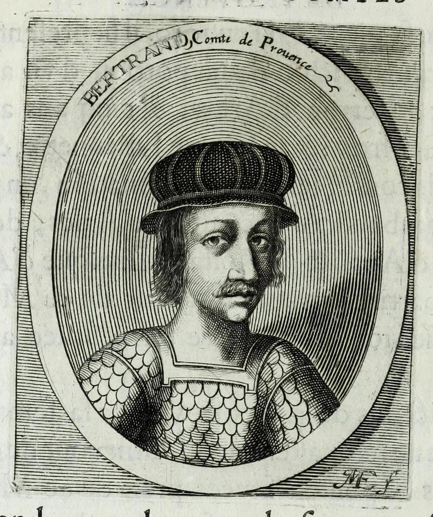 An illustration from Histoire des comtes de Prouence : enrichie de plusieurs de leurs portraits, de leurs sceaux, & des monnoyes de leur temps, qui n'auoient pas encore veu le iour, 1655, leaf 66