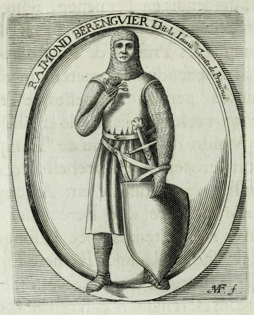 An illustration from Histoire des comtes de Prouence : enrichie de plusieurs de leurs portraits, de leurs sceaux, & des monnoyes de leur temps, qui n'auoient pas encore veu le iour, 1655, leaf 98