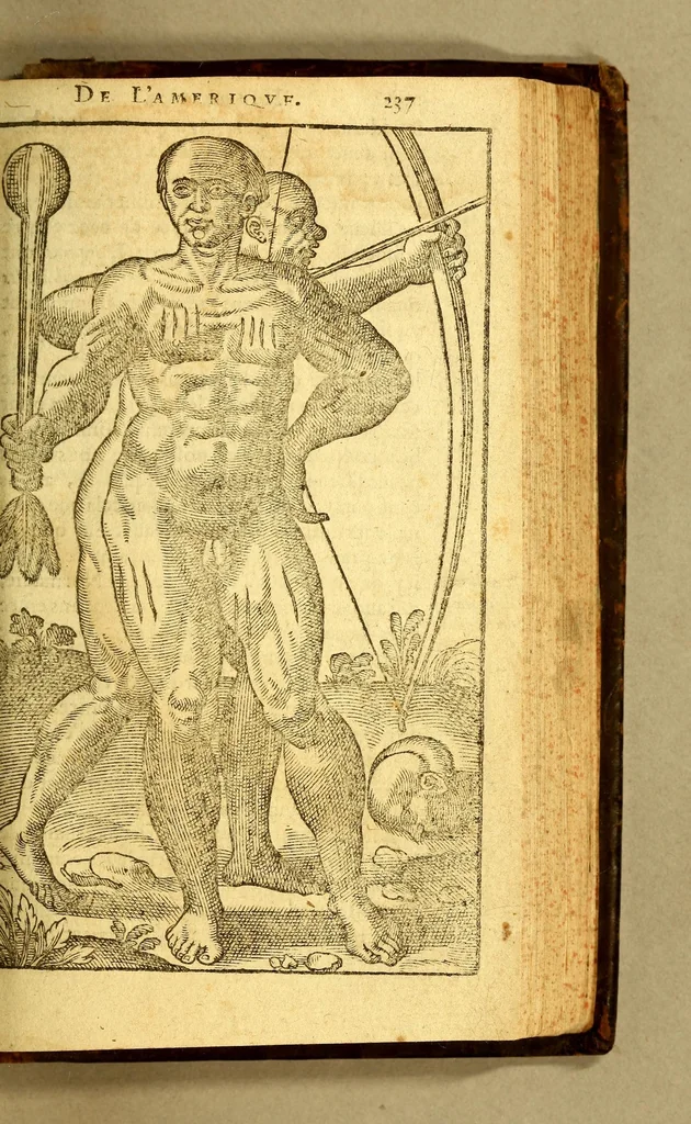 An illustration from Histoire d'un voyage faict en la terre du Bresil, autrement dite Amerique. : Contenant la nauigation, & choses remarquables, veuës sur mer par l'auteur. Le comportement de Villegagnon en ce pays-la. Les moeurs & façons de viure estranges des sauuages bresiliens: auec vn colloque de leur langage. Ensemble la description de plusieurs animaux, arbres, herbes, & autres choses singulieres, & du tout inconnues par-deçà: dont on verra les sommaires des chapitres au commencement du liure., 1585, leaf 307