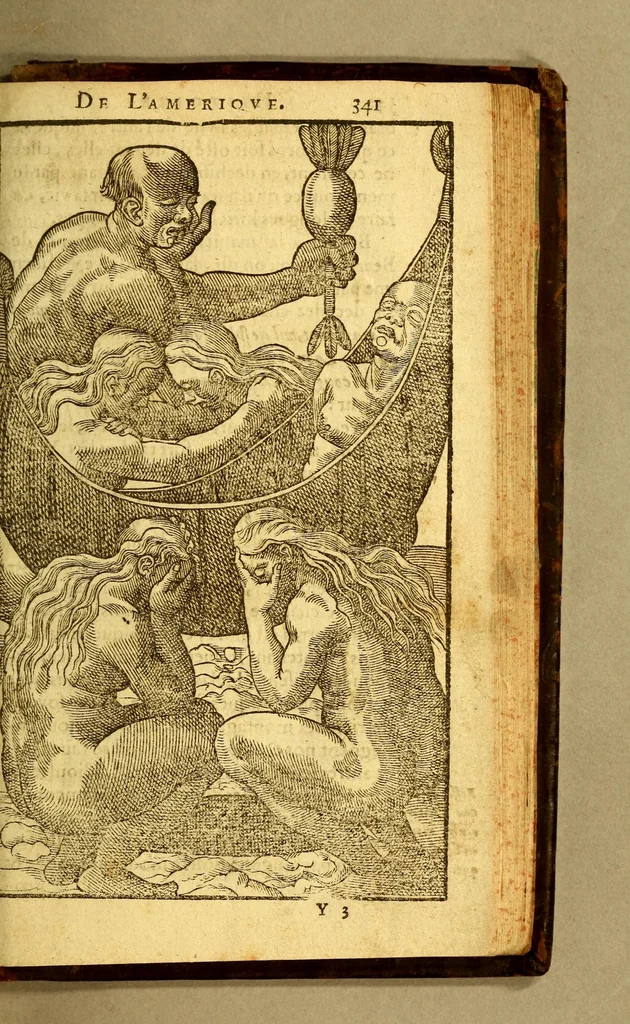 An illustration from Histoire d'un voyage faict en la terre du Bresil, autrement dite Amerique. : Contenant la nauigation, & choses remarquables, veuës sur mer par l'auteur. Le comportement de Villegagnon en ce pays-la. Les moeurs & façons de viure estranges des sauuages bresiliens: auec vn colloque de leur langage. Ensemble la description de plusieurs animaux, arbres, herbes, & autres choses singulieres, & du tout inconnues par-deçà: dont on verra les sommaires des chapitres au commencement du liure., 1585, leaf 411