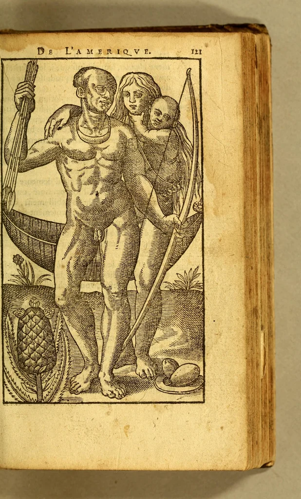 An illustration from Histoire d'un voyage fait en la terre du Bresil, dite Amerique. : Contenant la nauigation, & choses remarquables, veuës sur mer par l'autheur. Le comportement de Villegagnon en ce païs la. Les moeurs & façons de viure estranges des sauuages bresiliens: auec vn colloque de leur langage. Ensemble la description de plusieurs animaux, poissons, diformes, arbres, herbes, fruicts, racines, & autres choses singulieres, & du tout incognues par deçà: dont on verra les sommaires des chapitres au commencement du liure. Auec les figures, reueue, corrigee & bien augmentee par l'autheur., 1600, leaf 197