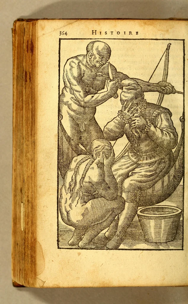 An illustration from Histoire d'un voyage fait en la terre du Bresil, dite Amerique. : Contenant la nauigation, & choses remarquables, veuës sur mer par l'autheur. Le comportement de Villegagnon en ce païs la. Les moeurs & façons de viure estranges des sauuages bresiliens: auec vn colloque de leur langage. Ensemble la description de plusieurs animaux, poissons, diformes, arbres, herbes, fruicts, racines, & autres choses singulieres, & du tout incognues par deçà: dont on verra les sommaires des chapitres au commencement du liure. Auec les figures, reueue, corrigee & bien augmentee par l'autheur., 1600, leaf 442