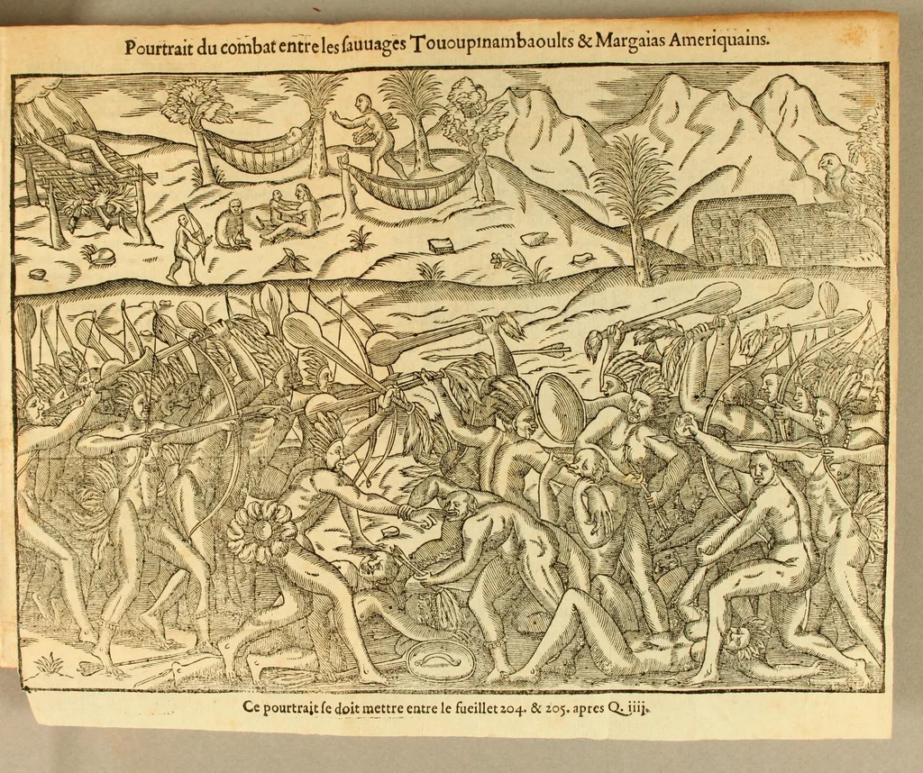 An illustration from Histoire d'un voyage fait en la terre du Bresil, autrement dite Amerique. : Contenant la nauigation, & choses remarquables veues sur mer par l'autheur. Le comportement de Villegagnon en ce pays là. Les moeurs & façons de viure estranges des sauuages ameriquains: auec vn colloque de leur langage. Ensemble la description de plusieurs animaux, arbres, herbes, & autres choses singulieres, & du tout inconues par deça: dont on verra les sommaires des chapitres au co[m]mencement du liure., 1594, leaf 251