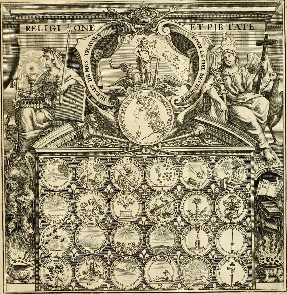 An illustration from Histoire du roy Louis le Grand, par les medailles, emblêmes, deuises, jettons, inscriptions, armoiries, et autres monumens publics, 1691, leaf 104