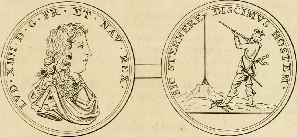An illustration from Histoire du roy Louis le Grand, par les medailles, emblêmes, deuises, jettons, inscriptions, armoiries, et autres monumens publics, 1691, leaf 14