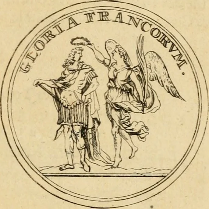 An illustration from Histoire du roy Louis le Grand, par les medailles, emblêmes, deuises, jettons, inscriptions, armoiries, et autres monumens publics, 1691, leaf 18