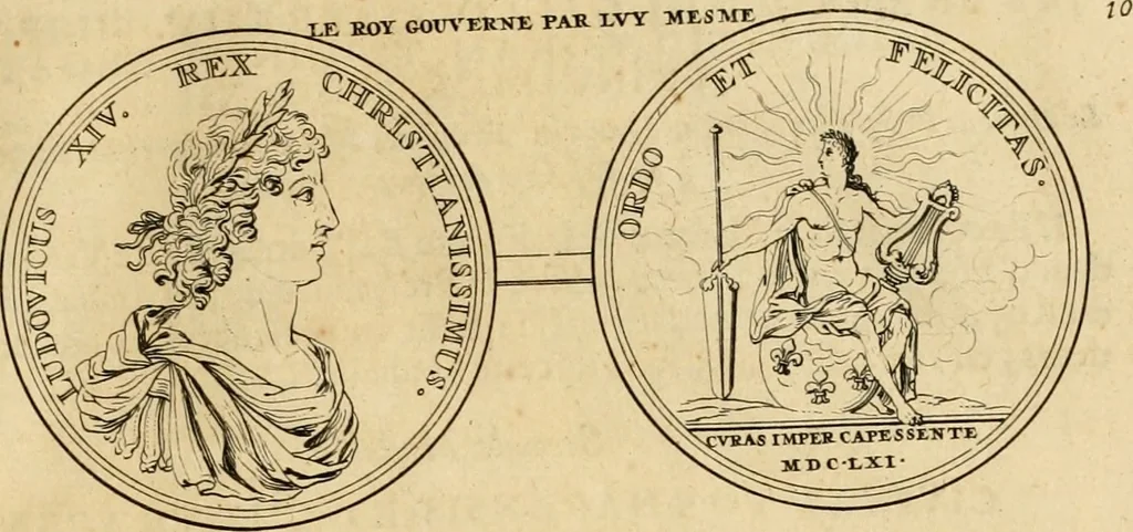 An illustration from Histoire du roy Louis le Grand, par les medailles, emblêmes, deuises, jettons, inscriptions, armoiries, et autres monumens publics, 1691, leaf 24
