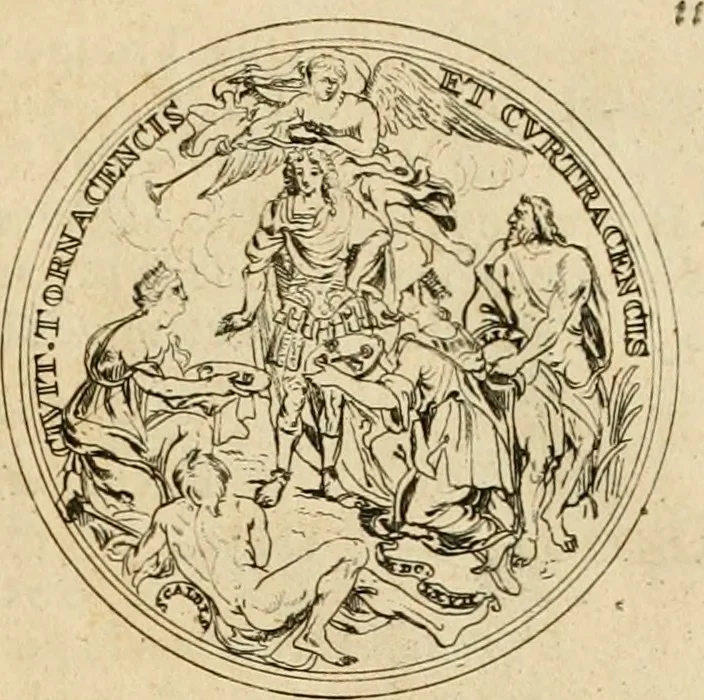 An illustration from Histoire du roy Louis le Grand, par les medailles, emblêmes, deuises, jettons, inscriptions, armoiries, et autres monumens publics, 1691, leaf 26