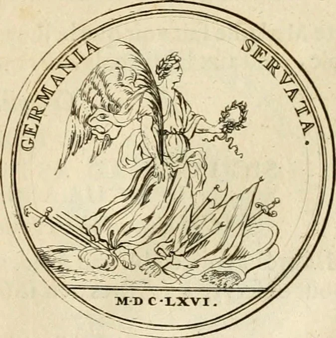 An illustration from Histoire du roy Louis le Grand, par les medailles, emblêmes, deuises, jettons, inscriptions, armoiries, et autres monumens publics, 1691, leaf 28