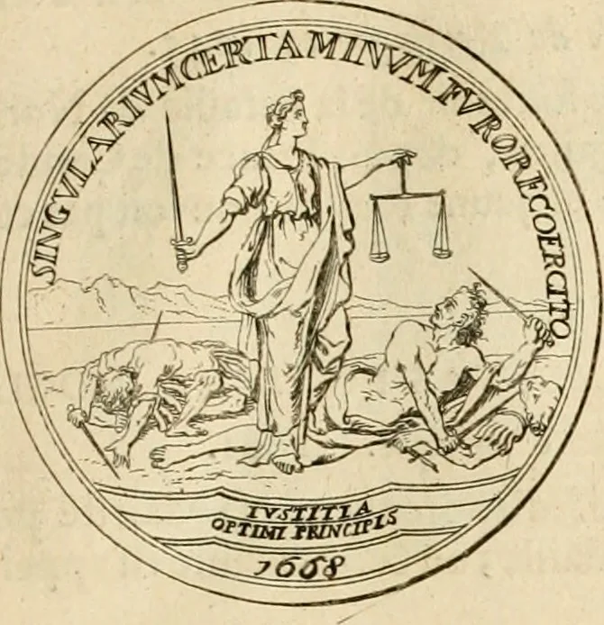 An illustration from Histoire du roy Louis le Grand, par les medailles, emblêmes, deuises, jettons, inscriptions, armoiries, et autres monumens publics, 1691, leaf 30
