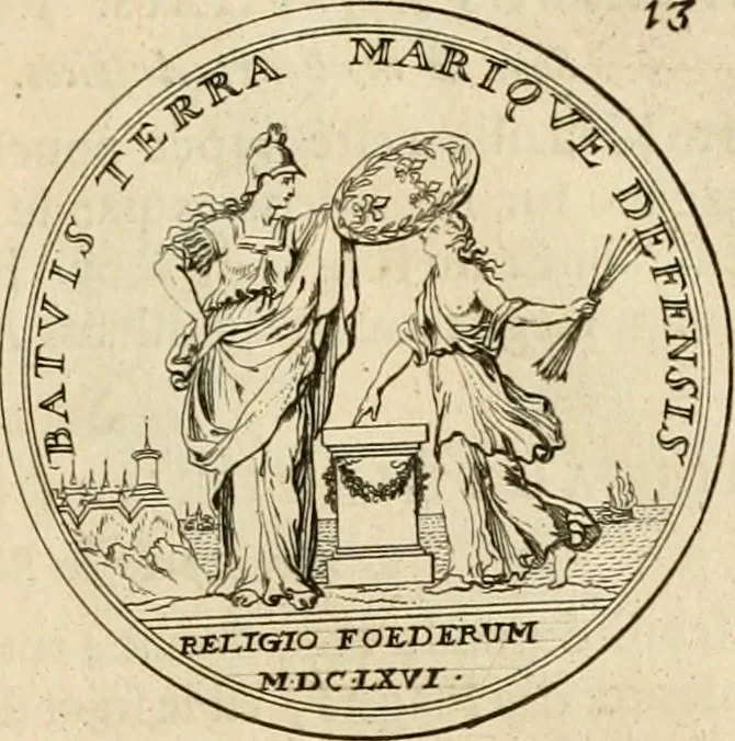 An illustration from Histoire du roy Louis le Grand, par les medailles, emblêmes, deuises, jettons, inscriptions, armoiries, et autres monumens publics, 1691, leaf 30