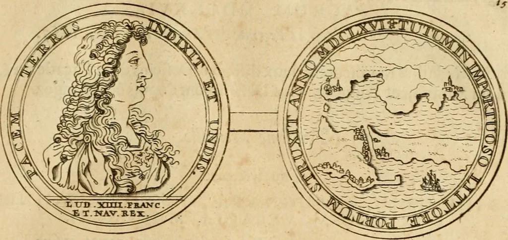 An illustration from Histoire du roy Louis le Grand, par les medailles, emblêmes, deuises, jettons, inscriptions, armoiries, et autres monumens publics, 1691, leaf 34