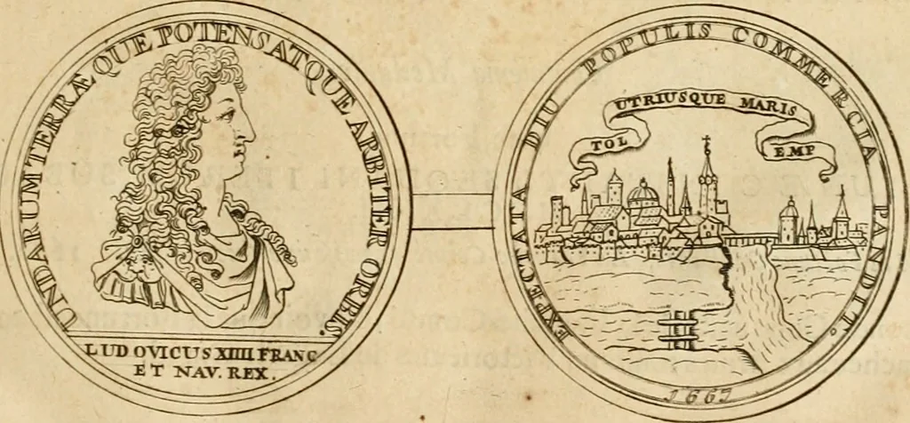 An illustration from Histoire du roy Louis le Grand, par les medailles, emblêmes, deuises, jettons, inscriptions, armoiries, et autres monumens publics, 1691, leaf 34