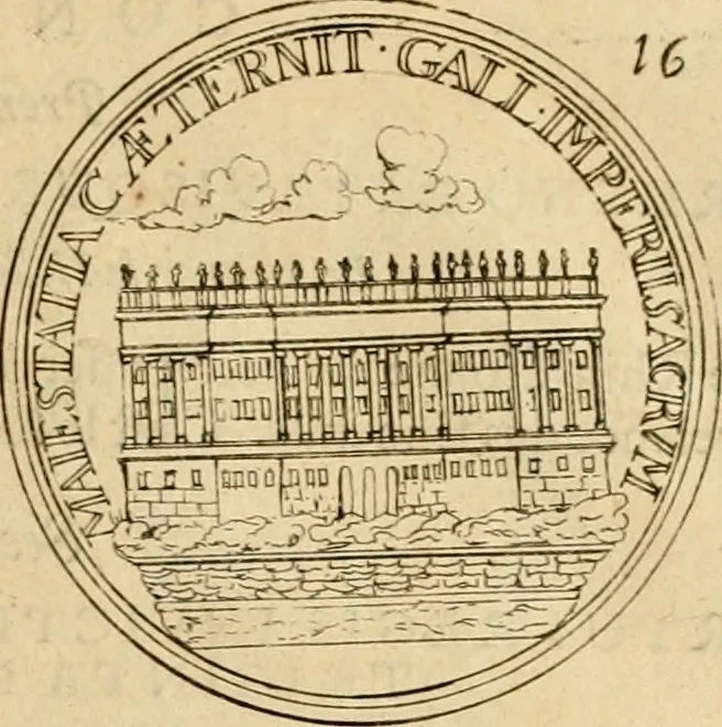 An illustration from Histoire du roy Louis le Grand, par les medailles, emblêmes, deuises, jettons, inscriptions, armoiries, et autres monumens publics, 1691, leaf 36