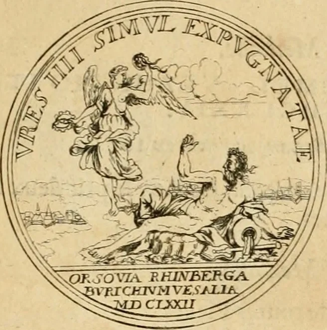 An illustration from Histoire du roy Louis le Grand, par les medailles, emblêmes, deuises, jettons, inscriptions, armoiries, et autres monumens publics, 1691, leaf 36