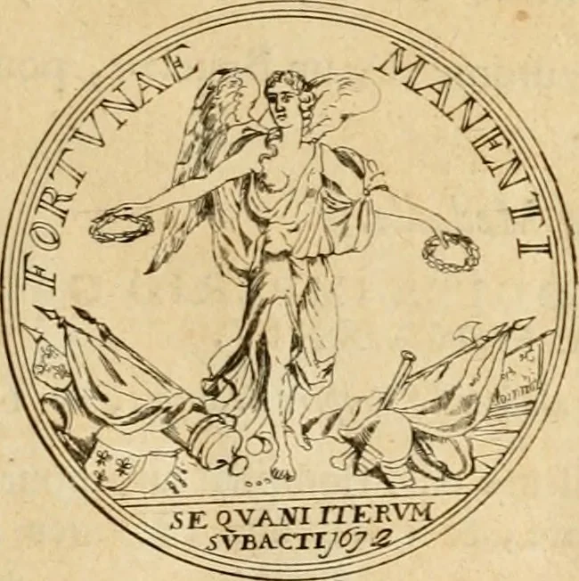An illustration from Histoire du roy Louis le Grand, par les medailles, emblêmes, deuises, jettons, inscriptions, armoiries, et autres monumens publics, 1691, leaf 36