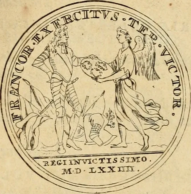 An illustration from Histoire du roy Louis le Grand, par les medailles, emblêmes, deuises, jettons, inscriptions, armoiries, et autres monumens publics, 1691, leaf 38