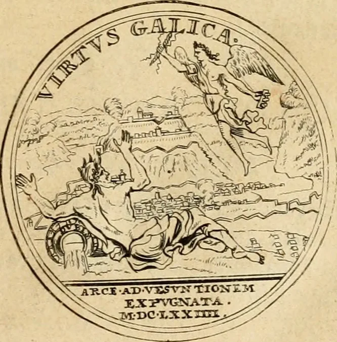 An illustration from Histoire du roy Louis le Grand, par les medailles, emblêmes, deuises, jettons, inscriptions, armoiries, et autres monumens publics, 1691, leaf 38