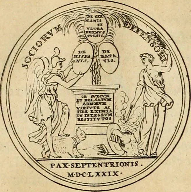 An illustration from Histoire du roy Louis le Grand, par les medailles, emblêmes, deuises, jettons, inscriptions, armoiries, et autres monumens publics, 1691, leaf 42