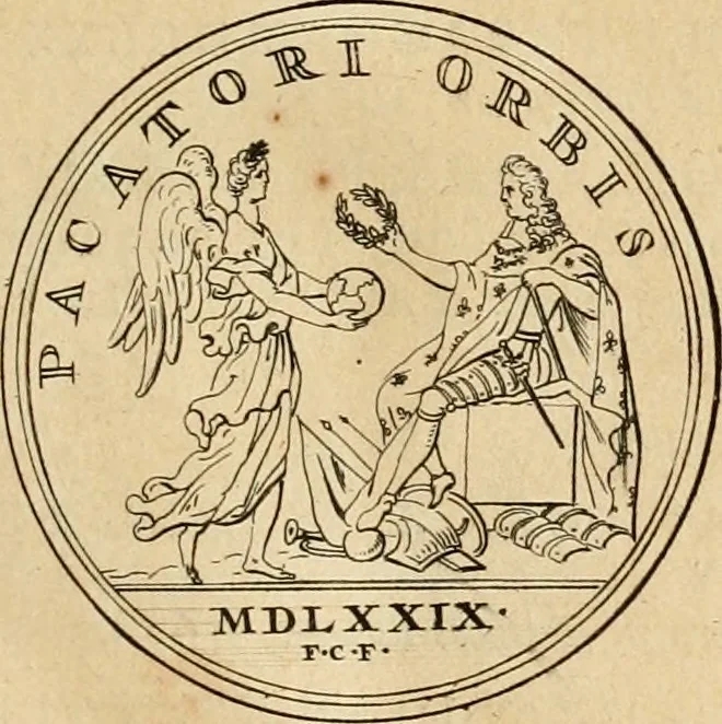 An illustration from Histoire du roy Louis le Grand, par les medailles, emblêmes, deuises, jettons, inscriptions, armoiries, et autres monumens publics, 1691, leaf 42