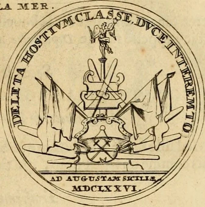 An illustration from Histoire du roy Louis le Grand, par les medailles, emblêmes, deuises, jettons, inscriptions, armoiries, et autres monumens publics, 1691, leaf 44