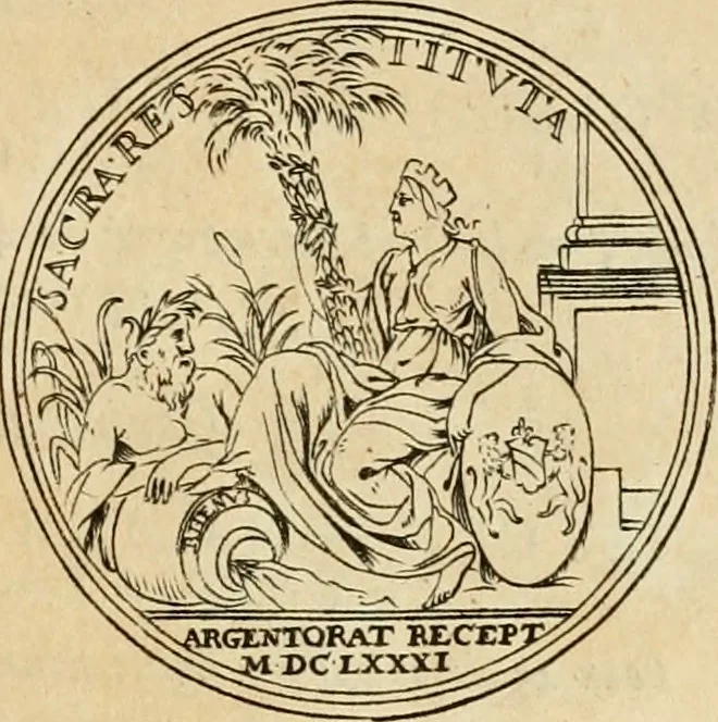 An illustration from Histoire du roy Louis le Grand, par les medailles, emblêmes, deuises, jettons, inscriptions, armoiries, et autres monumens publics, 1691, leaf 48