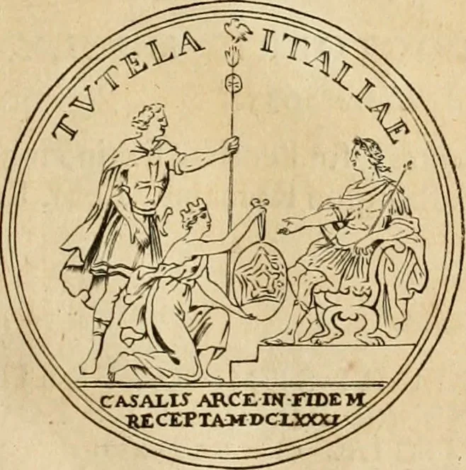 An illustration from Histoire du roy Louis le Grand, par les medailles, emblêmes, deuises, jettons, inscriptions, armoiries, et autres monumens publics, 1691, leaf 48