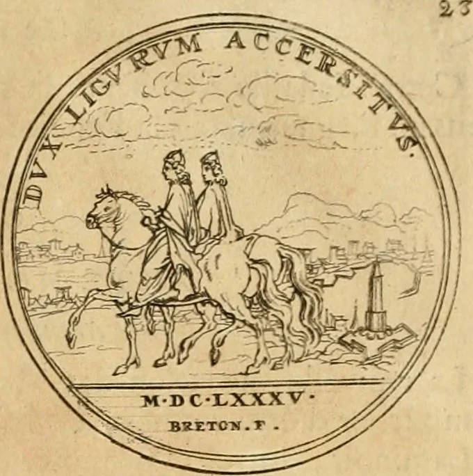 An illustration from Histoire du roy Louis le Grand, par les medailles, emblêmes, deuises, jettons, inscriptions, armoiries, et autres monumens publics, 1691, leaf 50