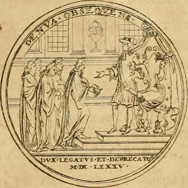 An illustration from Histoire du roy Louis le Grand, par les medailles, emblêmes, deuises, jettons, inscriptions, armoiries, et autres monumens publics, 1691, leaf 50