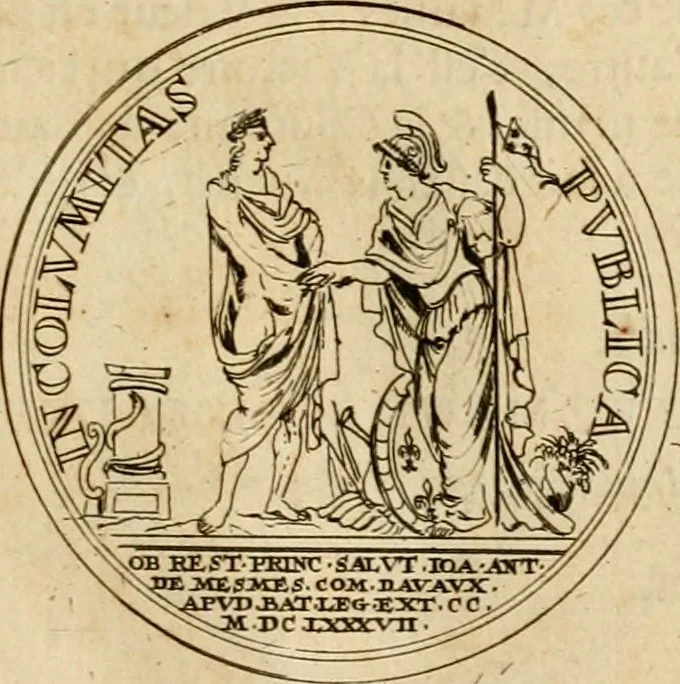 An illustration from Histoire du roy Louis le Grand, par les medailles, emblêmes, deuises, jettons, inscriptions, armoiries, et autres monumens publics, 1691, leaf 52