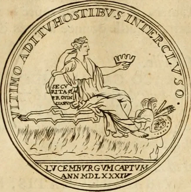 An illustration from Histoire du roy Louis le Grand, par les medailles, emblêmes, deuises, jettons, inscriptions, armoiries, et autres monumens publics, 1691, leaf 54