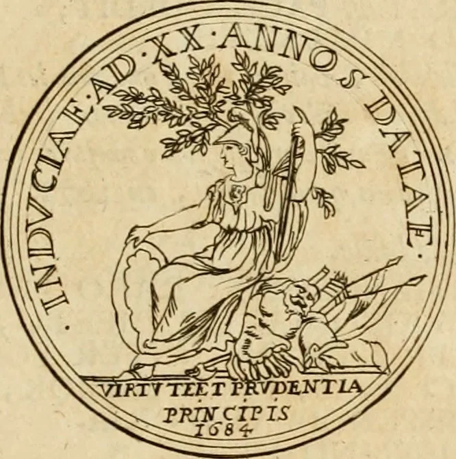 An illustration from Histoire du roy Louis le Grand, par les medailles, emblêmes, deuises, jettons, inscriptions, armoiries, et autres monumens publics, 1691, leaf 54