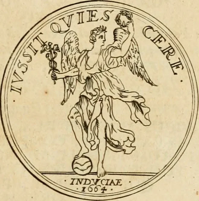 An illustration from Histoire du roy Louis le Grand, par les medailles, emblêmes, deuises, jettons, inscriptions, armoiries, et autres monumens publics, 1691, leaf 54