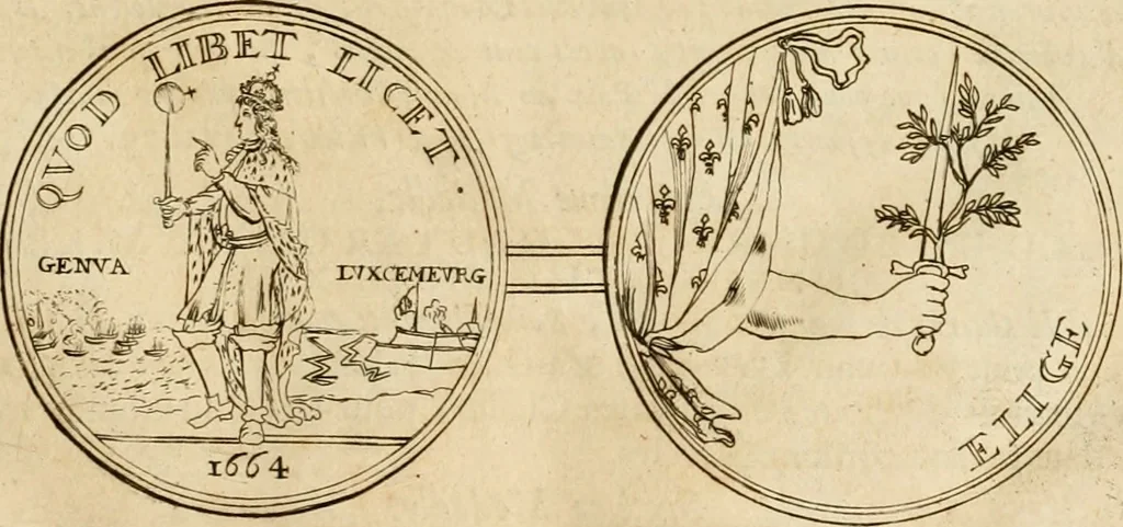 An illustration from Histoire du roy Louis le Grand, par les medailles, emblêmes, deuises, jettons, inscriptions, armoiries, et autres monumens publics, 1691, leaf 54