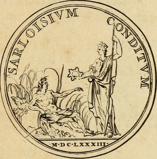 An illustration from Histoire du roy Louis le Grand, par les medailles, emblêmes, deuises, jettons, inscriptions, armoiries, et autres monumens publics, 1691, leaf 58