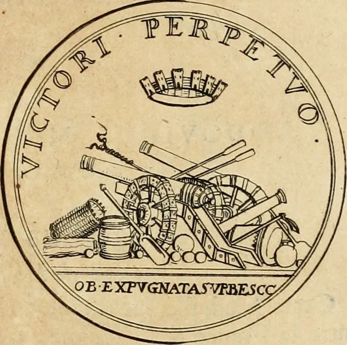 An illustration from Histoire du roy Louis le Grand, par les medailles, emblêmes, deuises, jettons, inscriptions, armoiries, et autres monumens publics, 1691, leaf 60