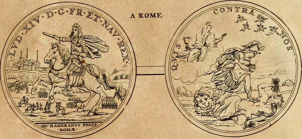 An illustration from Histoire du roy Louis le Grand, par les medailles, emblêmes, deuises, jettons, inscriptions, armoiries, et autres monumens publics, 1691, leaf 62