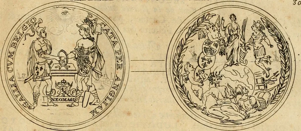 An illustration from Histoire du roy Louis le Grand, par les medailles, emblêmes, deuises, jettons, inscriptions, armoiries, et autres monumens publics, 1691, leaf 64