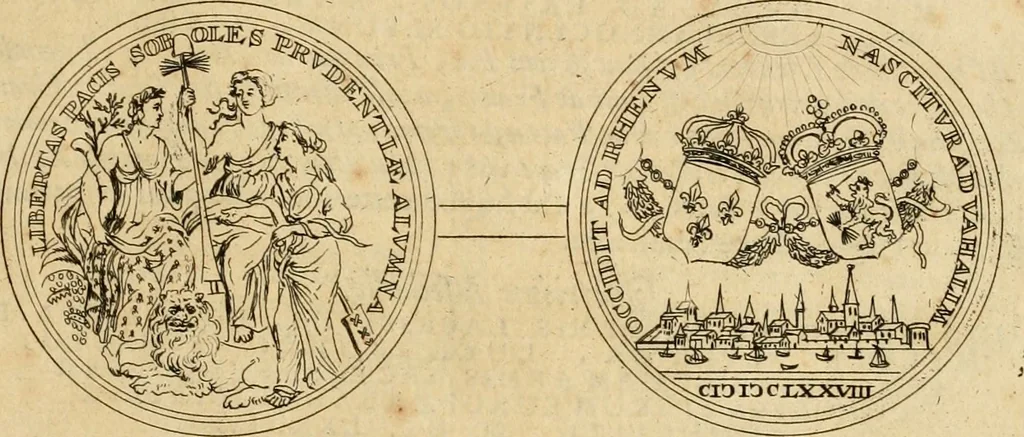 An illustration from Histoire du roy Louis le Grand, par les medailles, emblêmes, deuises, jettons, inscriptions, armoiries, et autres monumens publics, 1691, leaf 64